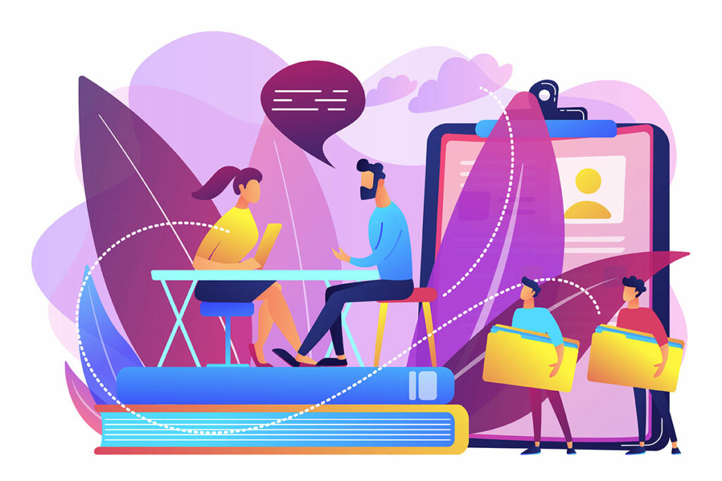 illustration libre de droit avec personnages discutant face à face sur une table avec des fleurs assez grosses en arrières plans et des dossiers de la même taille que les fleurs.